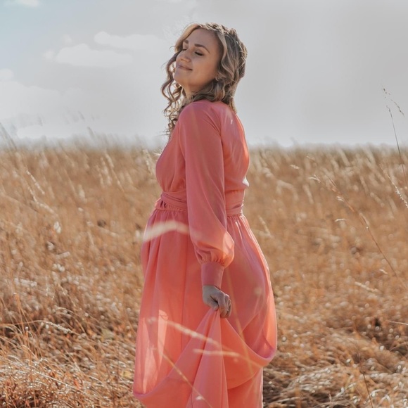 Pinkblush Dresses & Skirts - ‼️SOLD‼️ PinkBlush Coral Chiffon Long Sleeve Pleated Maternity Maxi Dress